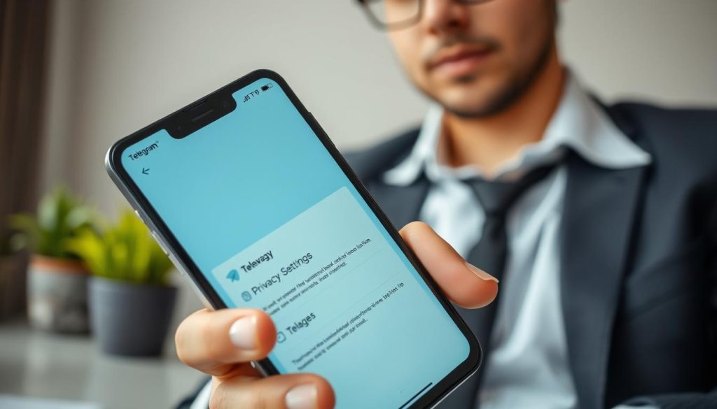 A close-up of a modern smartphone displaying the Telegram app interface, with a focus on the privacy settings section. The phone is held by a professional individual in smart casual attire, seated at a stylish desk with a subtle, blurred background featuring plants and office elements. Soft, diffused lighting creates a warm atmosphere, highlighting the phone's screen and the user's focused expression. The image captures a sense of security and discretion, emphasizing the importance of privacy. The angle is slightly above the phone, showing the screen clearly while keeping the person and their environment in the frame without distractions. The overall mood is calm and informative, perfect for a guide on privacy settings. A close-up of a modern smartphone displaying the Telegram app interface, with a focus on the privacy settings section. The phone is held by a professional individual in smart casual attire, seated at a stylish desk with a subtle, blurred background featuring plants and office elements. Soft, diffused lighting creates a warm atmosphere, highlighting the phone's screen and the user's focused expression. The image captures a sense of security and discretion, emphasizing the importance of privacy. The angle is slightly above the phone, showing the screen clearly while keeping the person and their environment in the frame without distractions. The overall mood is calm and informative, perfect for a guide on privacy settings.