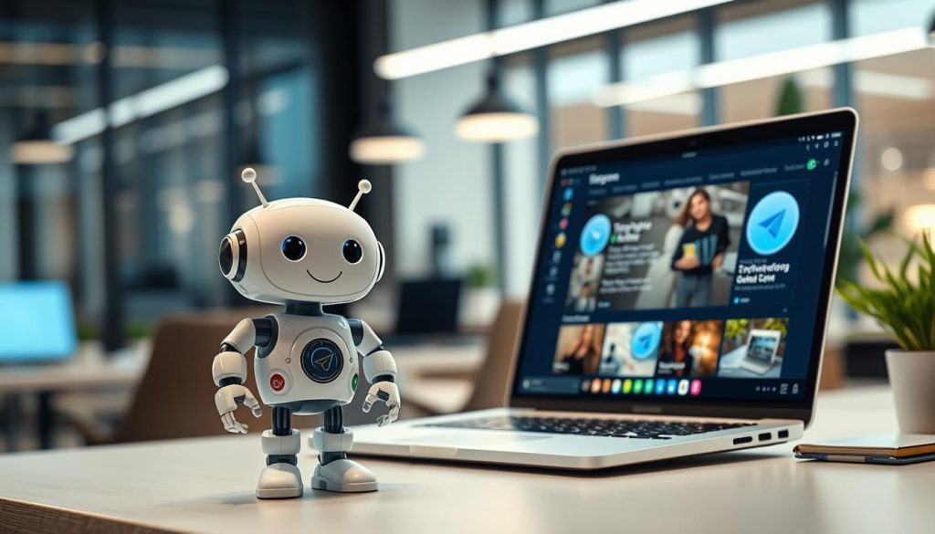A sleek, modern representation of a Telegram bot, depicting a digital assistant with a friendly, animated face and an array of colorful icons surrounding it. In the foreground, the bot stands confidently on a desk, with a laptop displaying the Telegram web interface in the middle ground. The background features a stylish office environment with soft ambient lighting, highlighting the focus on technology and productivity. The atmosphere is vibrant yet professional, suggesting innovation and convenience. The composition is balanced, shot from a dynamic angle that captures both the bot and the laptop screen clearly, emphasizing the connection between advanced features and user-friendliness. A sleek, modern representation of a Telegram bot, depicting a digital assistant with a friendly, animated face and an array of colorful icons surrounding it. In the foreground, the bot stands confidently on a desk, with a laptop displaying the Telegram web interface in the middle ground. The background features a stylish office environment with soft ambient lighting, highlighting the focus on technology and productivity. The atmosphere is vibrant yet professional, suggesting innovation and convenience. The composition is balanced, shot from a dynamic angle that captures both the bot and the laptop screen clearly, emphasizing the connection between advanced features and user-friendliness.